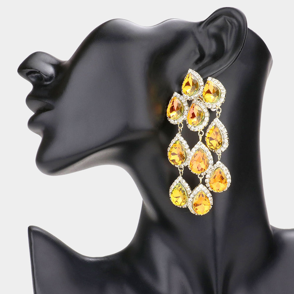 Yellow Teardrop Stone Link Dangle Clip on Evening Earrings