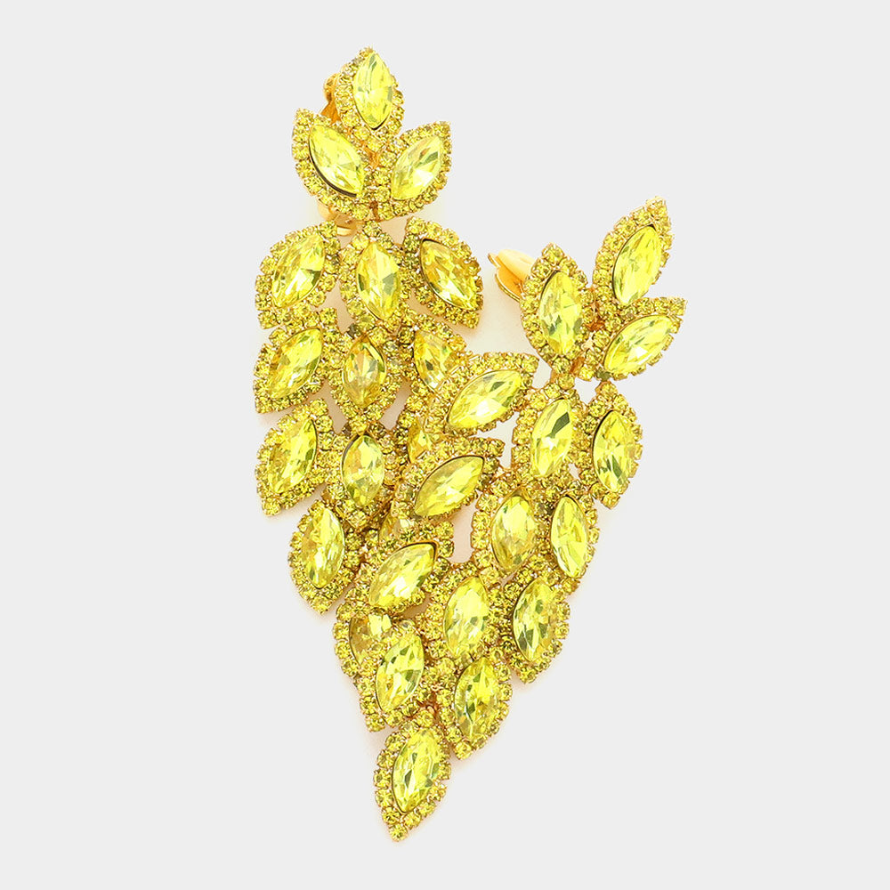 Yellow Marquise Crystal Cluster Vine Clip On Evening Earrings