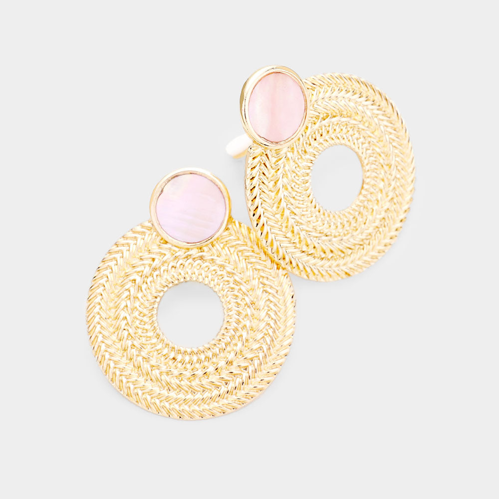 Pink Natural Stone Geometric Open Circle Metal Clip on Earrings