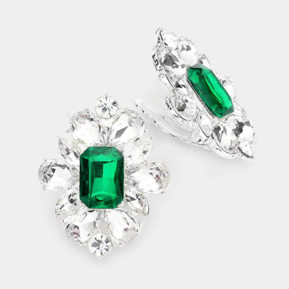 Emerald Multi Stone Flower Clip On Evening Earrings