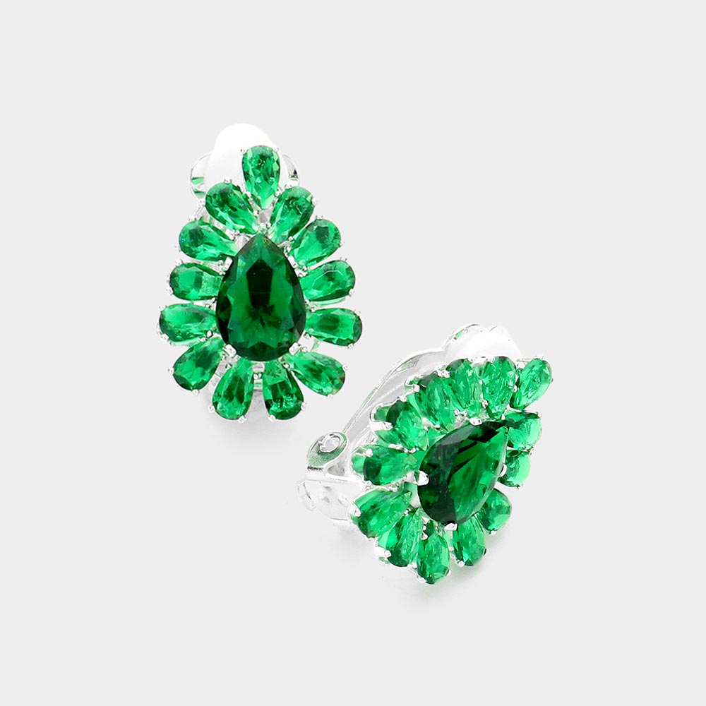 Emerald Teardrop Stone Cluster Clip on Evening Earrings