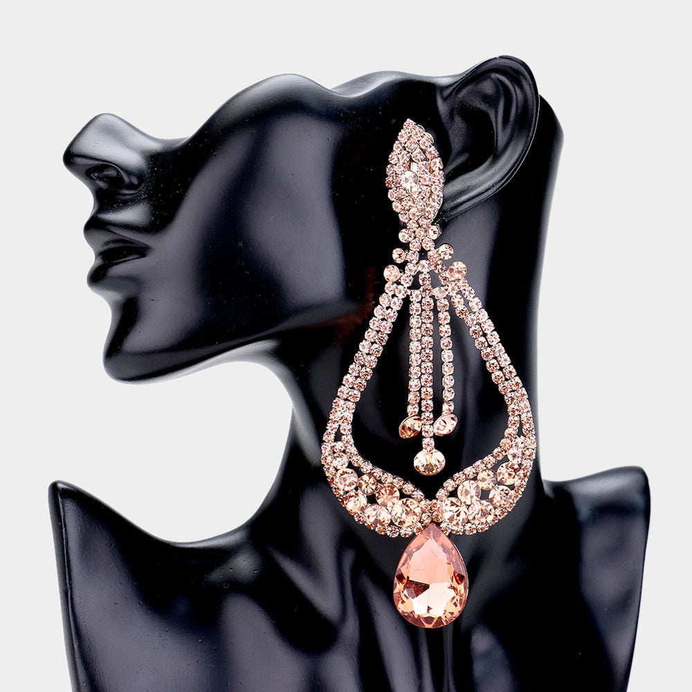 Peach Oversized Pave Glass Teardrop Chandelier Evening Earrings