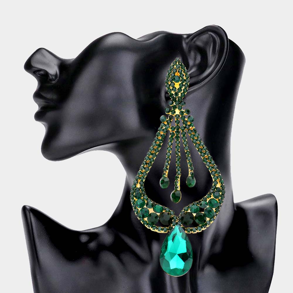 Emerald Oversized Pave Glass Teardrop Chandelier Evening Earrings