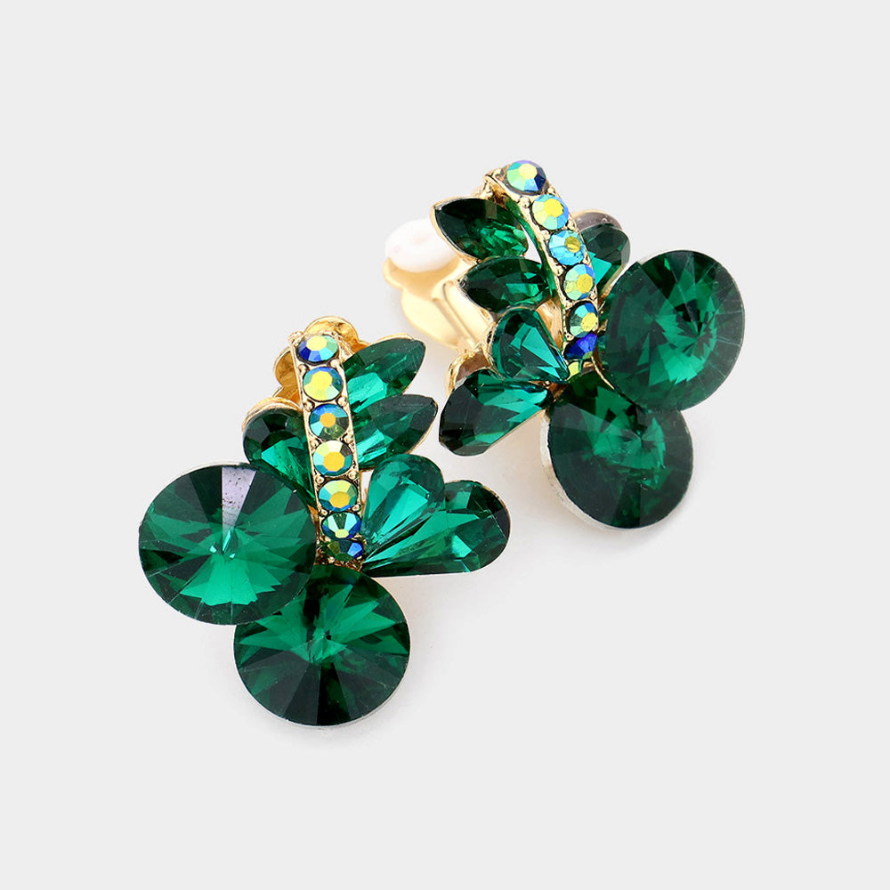 Emerald Multi Stone Cluster Clip On Evening Earrings