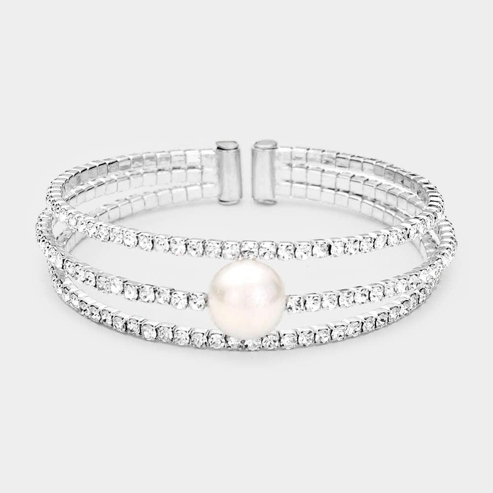 Silver Pearl Accented Split Rhinestone Evening Cuff Bracelet