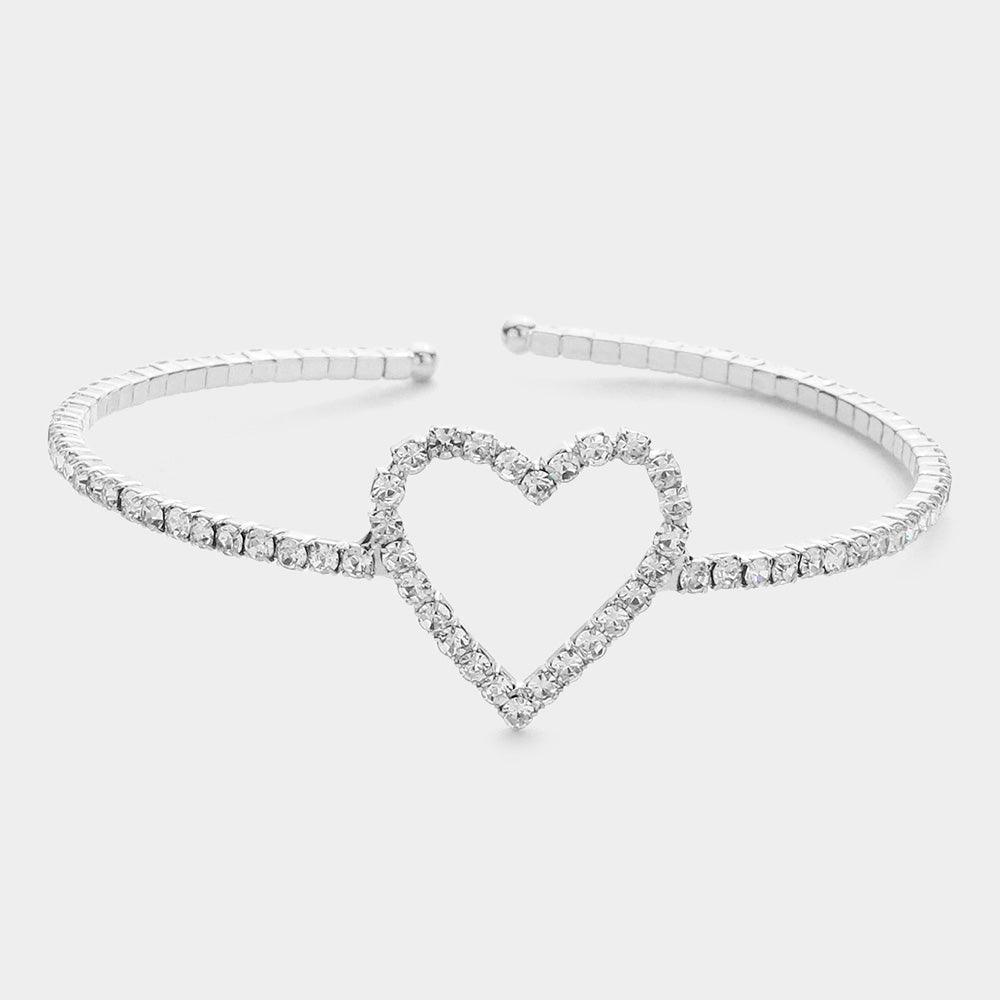 Silver Rhinestone Open Heart Cuff Bracelet