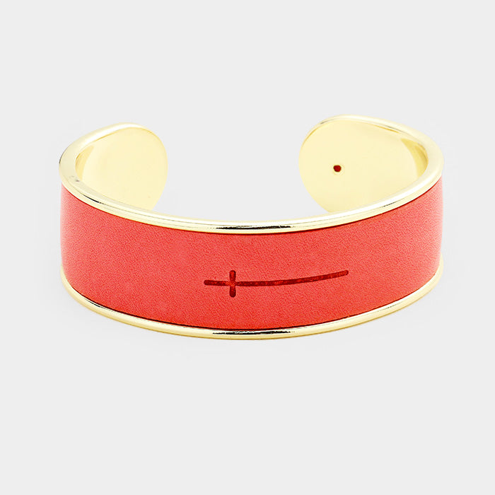 Pink Leather Engraved Cross Cuff Bracelet