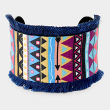 Load image into Gallery viewer, Blue Embroidery Boho Pattern Tassel Trim Cuff Bracelet
