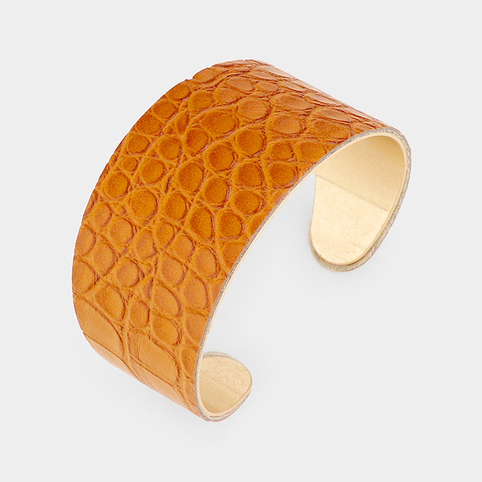 Gold Snake Leather Metal Cuff Bracelet