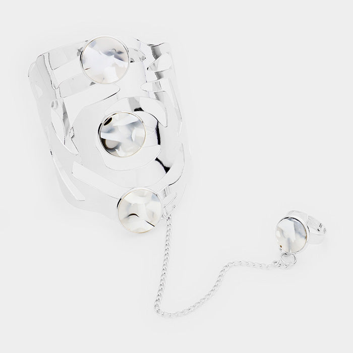 White Round Celluloid Acetate Metal Hand Chain Cuff Bracelet