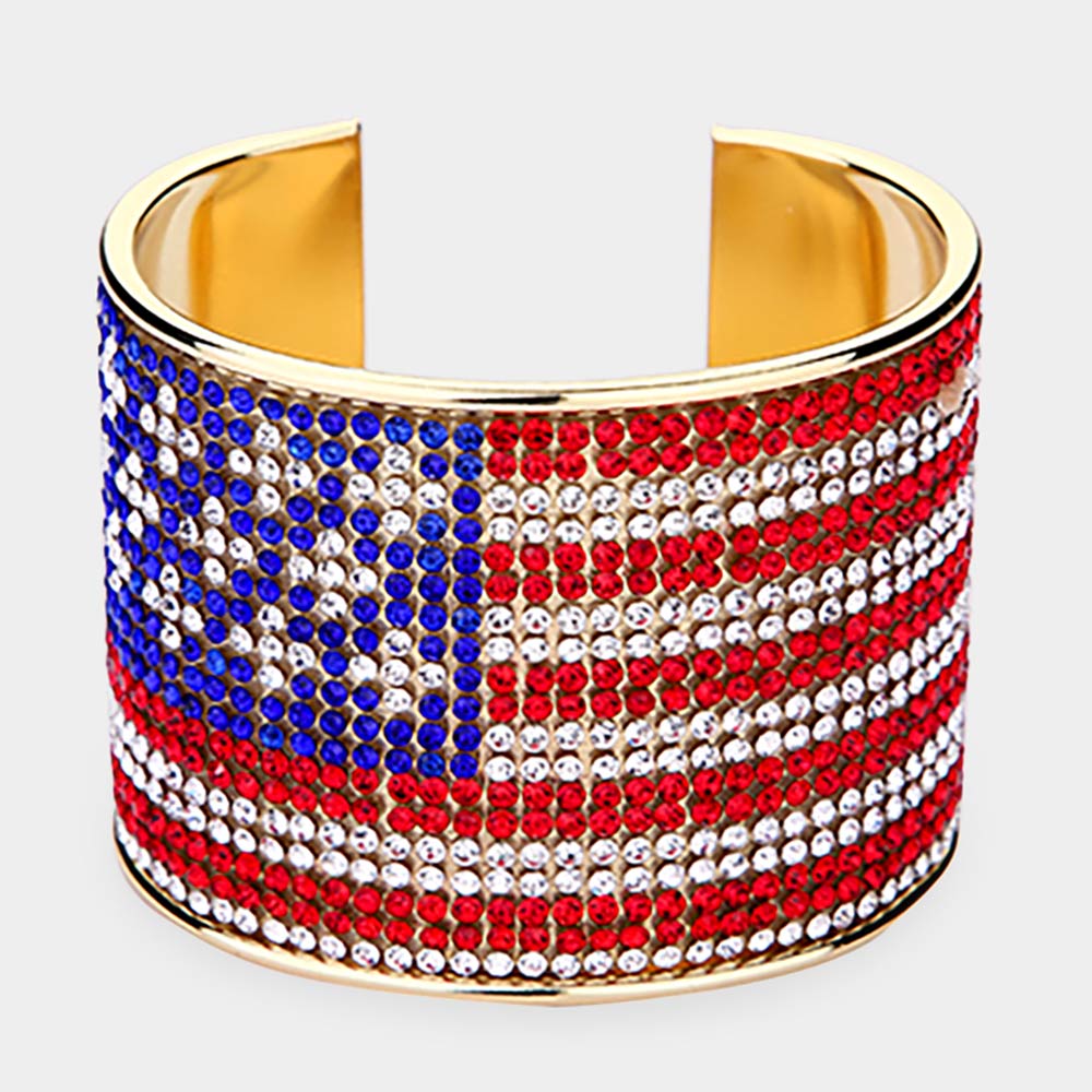 Gold American USA Flag Rhinestone Paved Cuff Bracelet