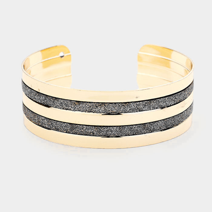 Gray Metal Shiny Stripe Detail Cuff Bracelet