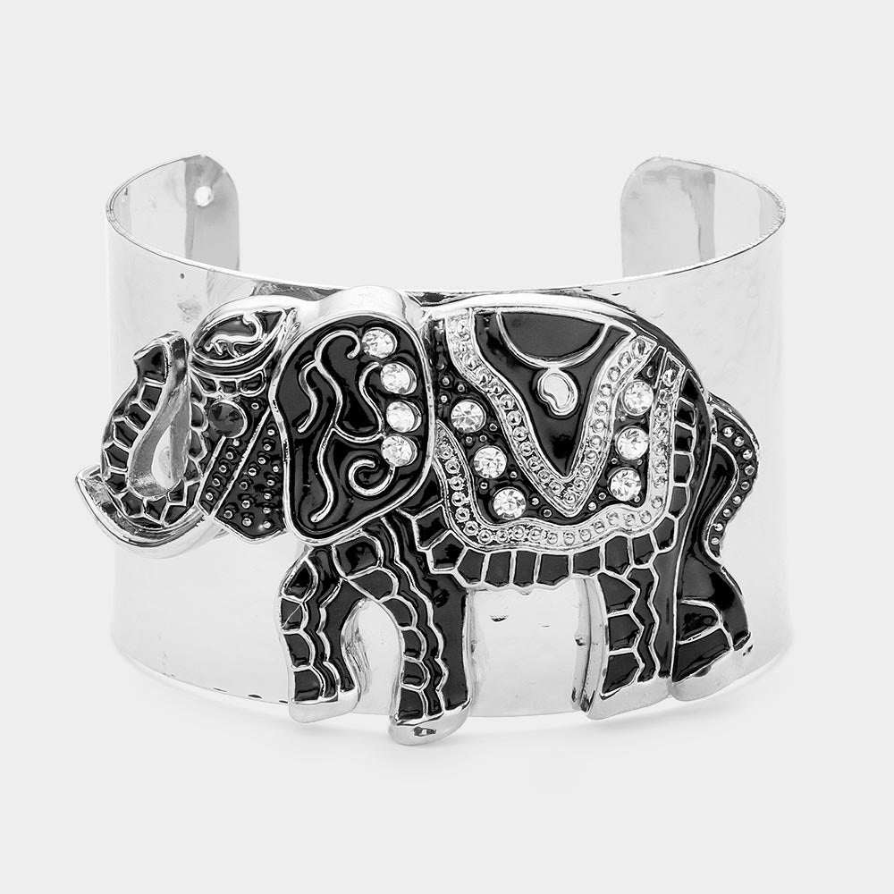 Black Stone Embellished Enamel Elephant Cuff Bracelet