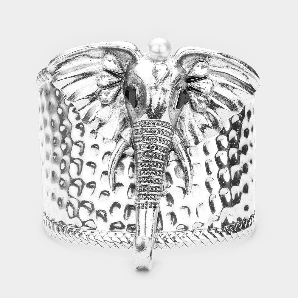 Silver Pearl Teardrop Stone Embellished Elephant Cuff Bracelet