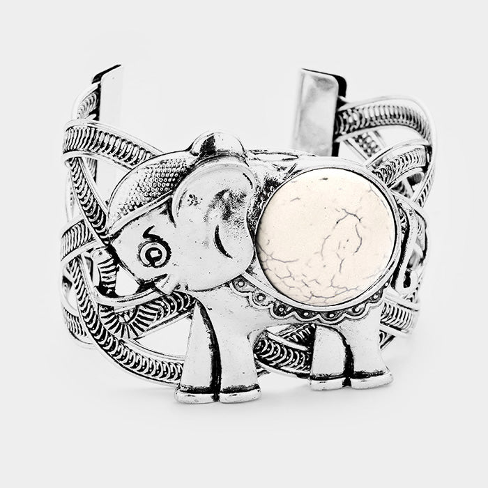 White Round Howlite Detail Metal Elephant Cuff Bracelet