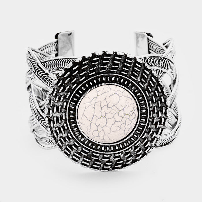 White Tribal Round Howlite Detail Braided Metal Cuff Bracelet