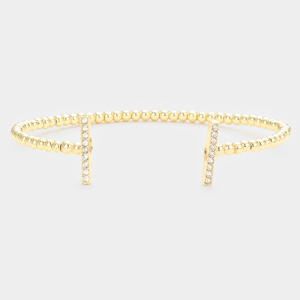 Gold Rhinestone Embellished Bar Tip Cuff Bracelet