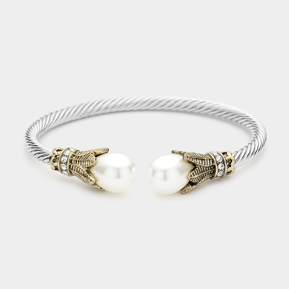 White Twisted Metal Pearl Tip Cuff Bracelet