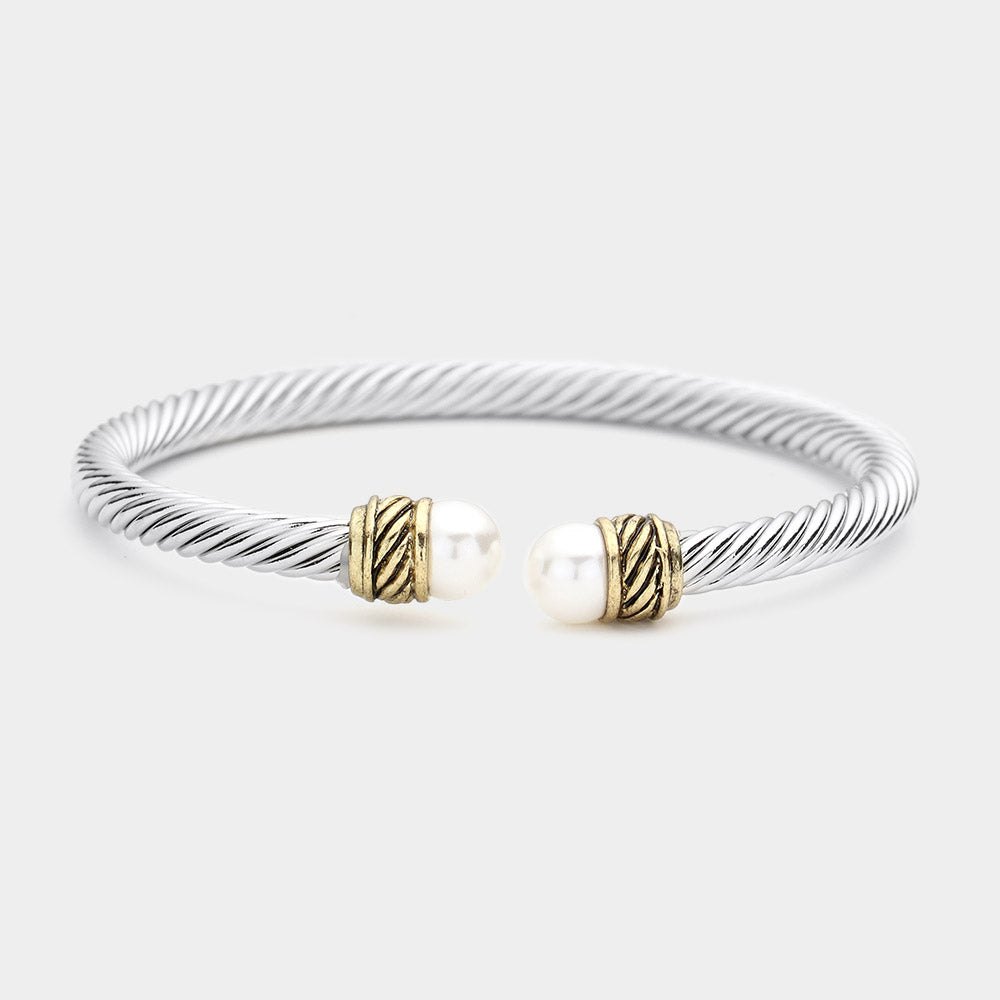 White Twisted Metal Pearl Tip Cuff Bracelet