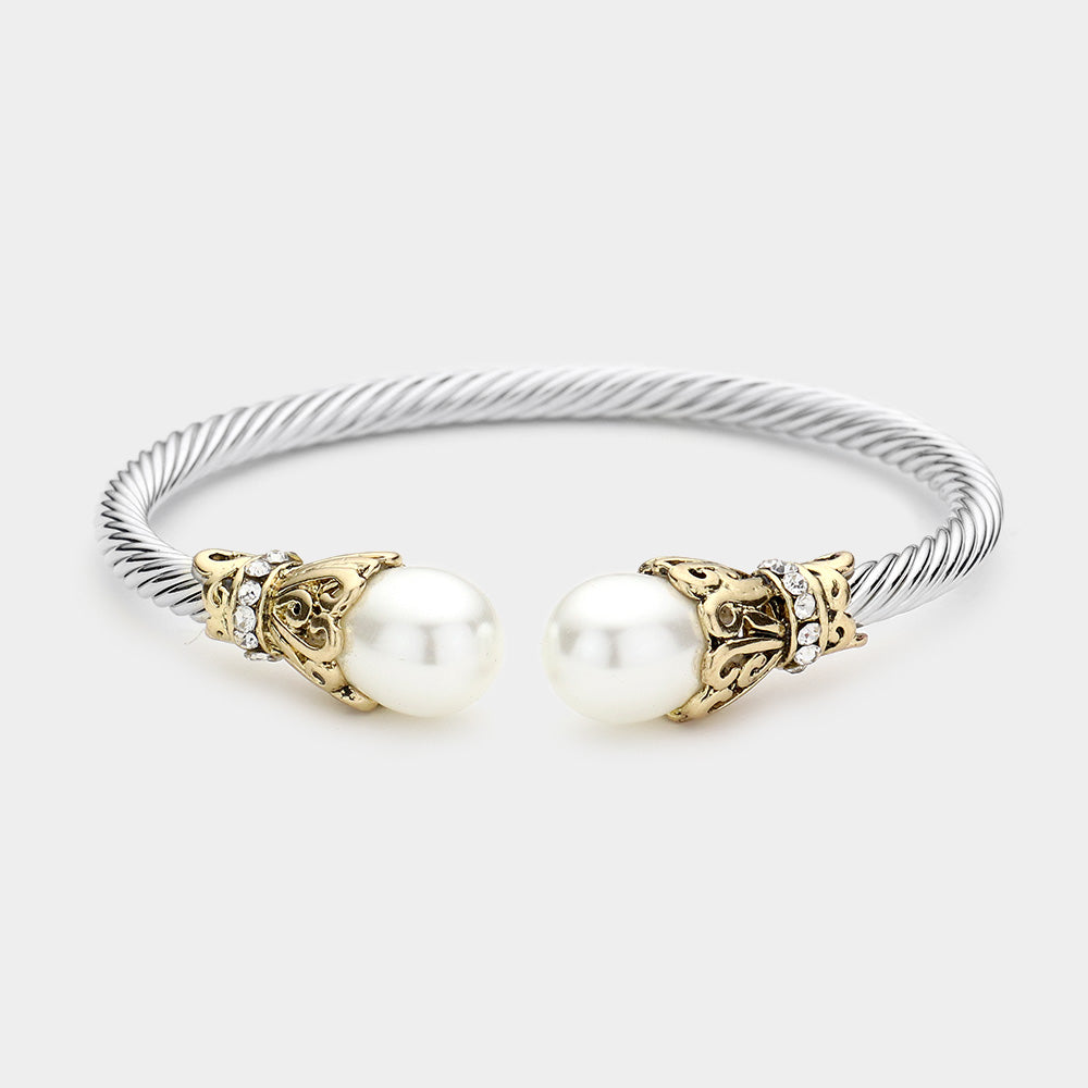 White Twisted Metal Pearl Tip Cuff Bracelet