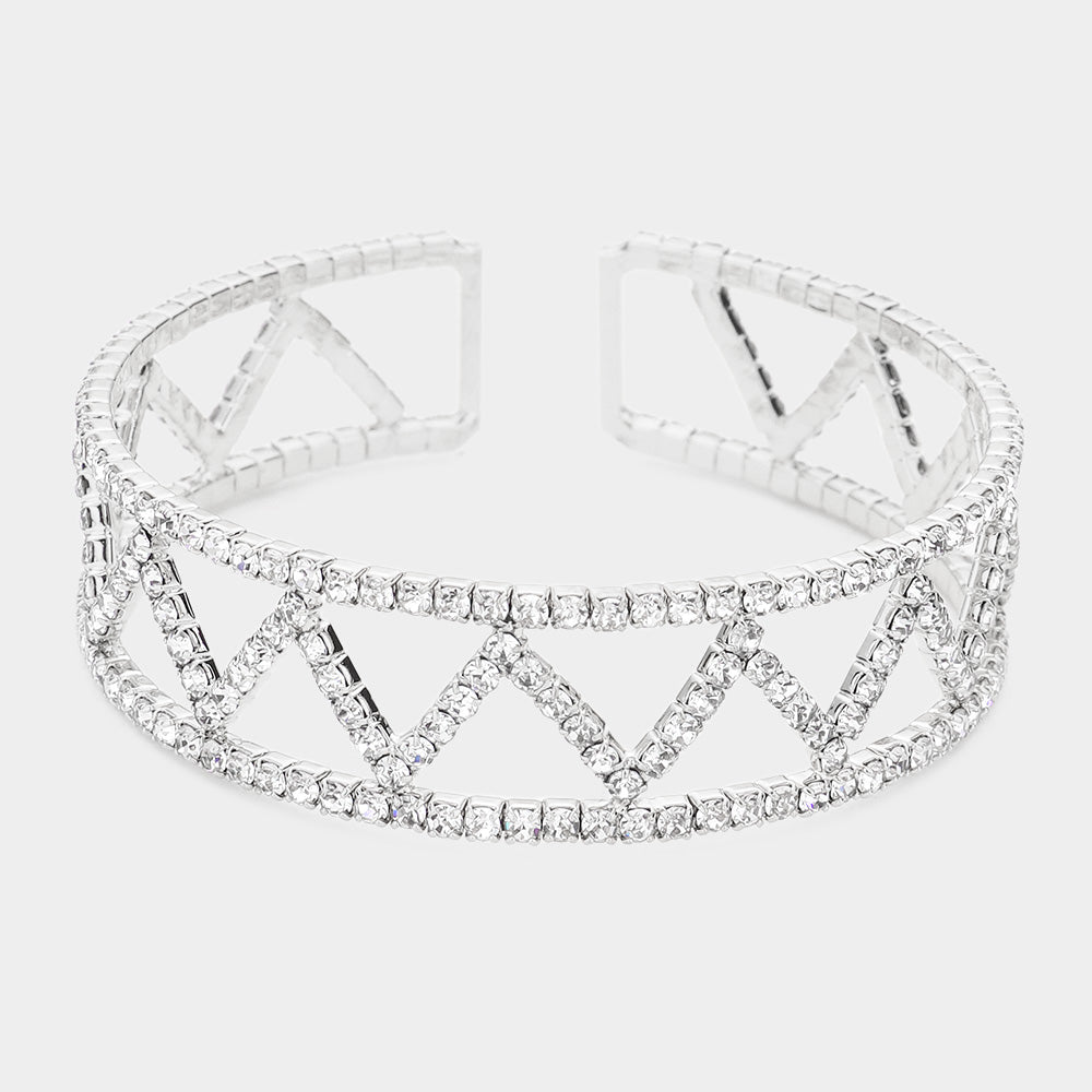 Silver Split Rhinestone Cuff Evening Bracelet