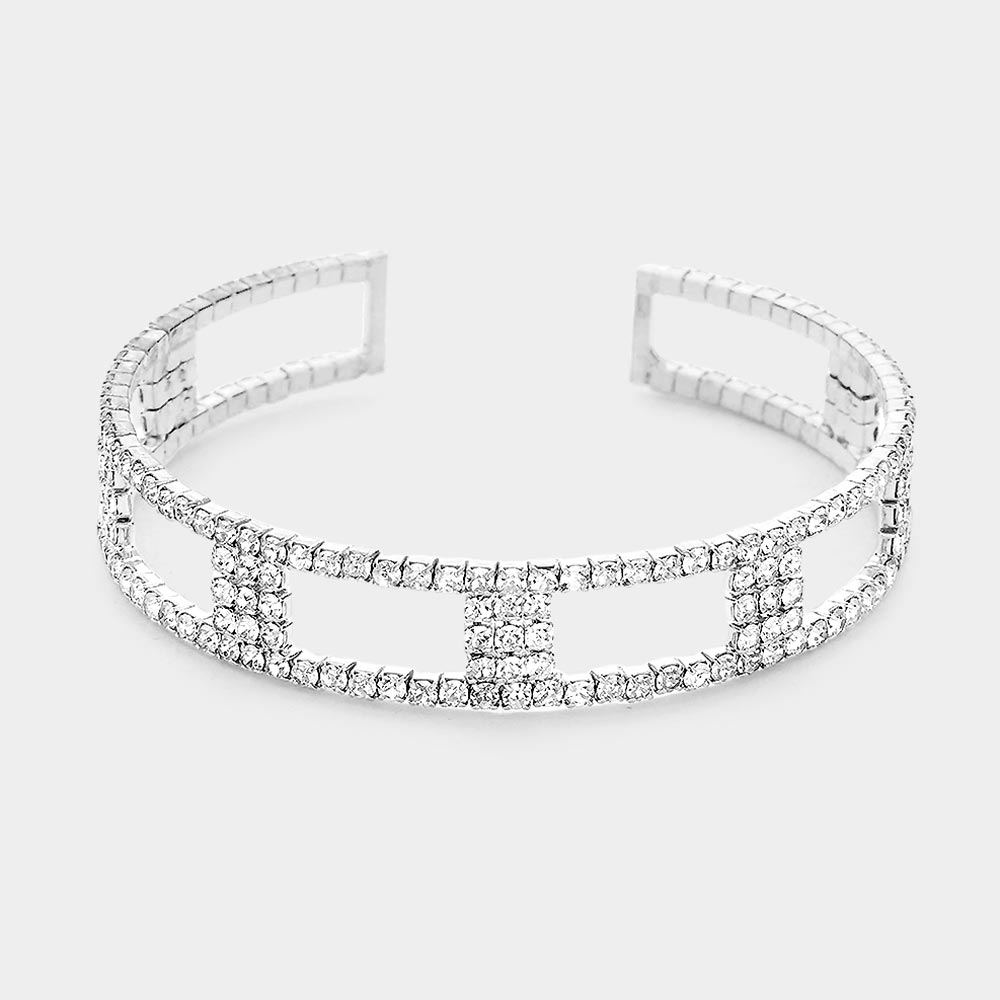 Silver Square Rhinestone Pave Accented Cuff Bracelet