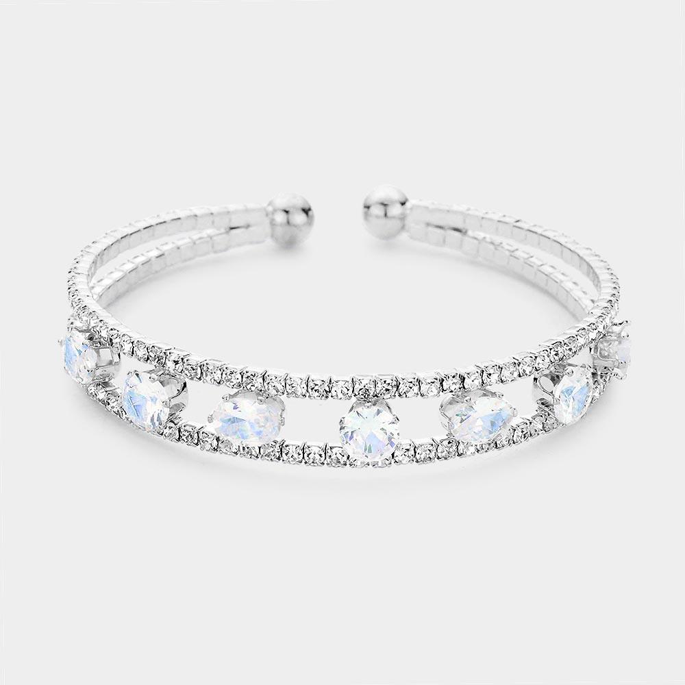 Silver Oval Triangle Stone Accented Rhinestone Pave Cuff Bracelet