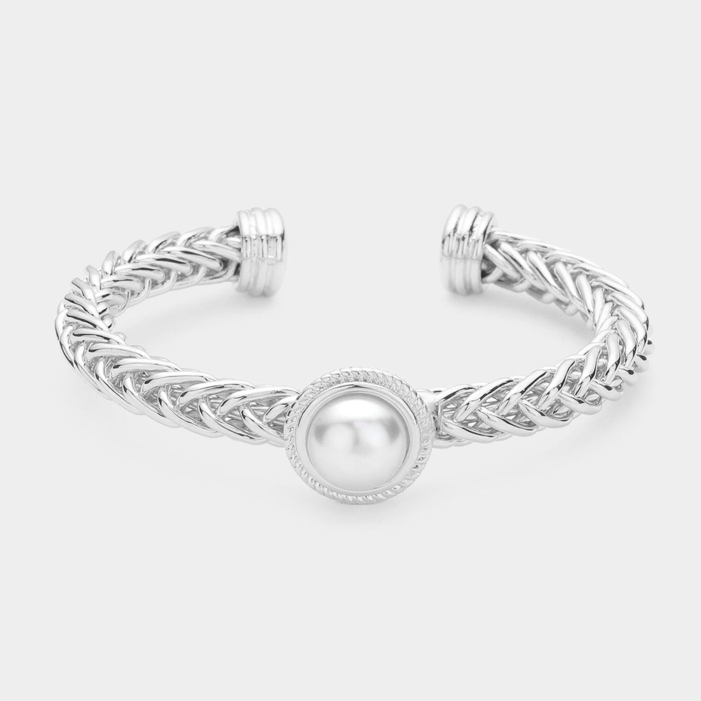 White Pearl Pointed Textured Metal Cuff Bracelet