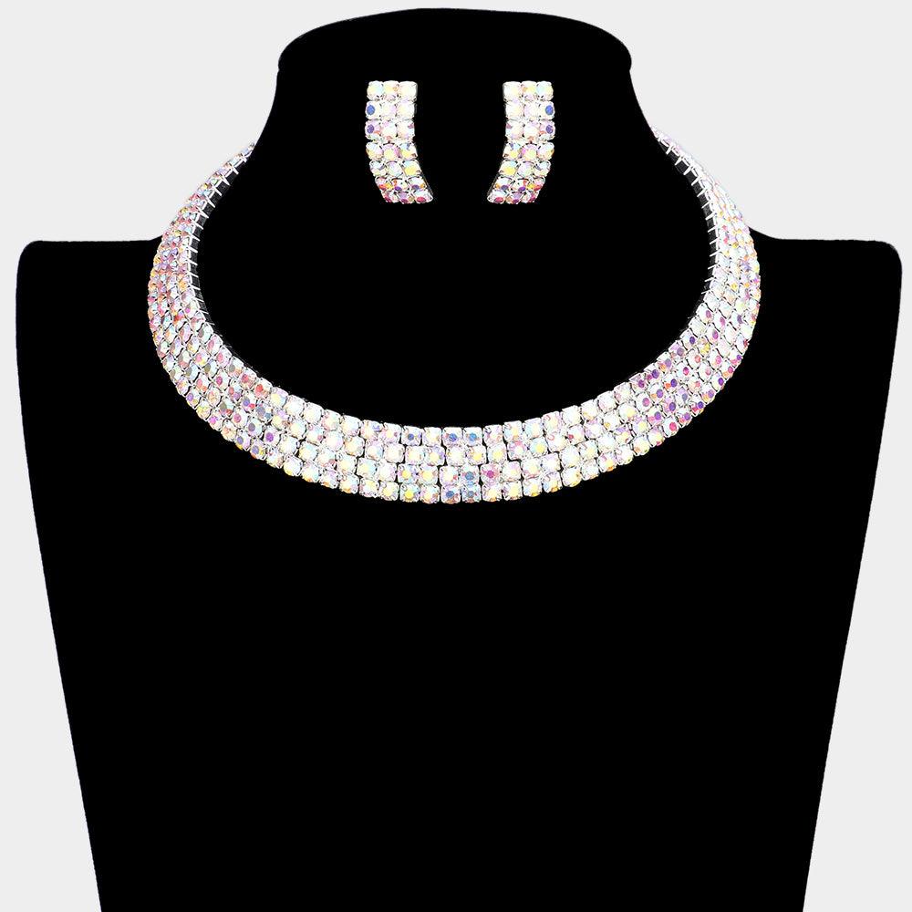 Silver 4 Row crystal Rhinestone Banded Open Choker Necklace