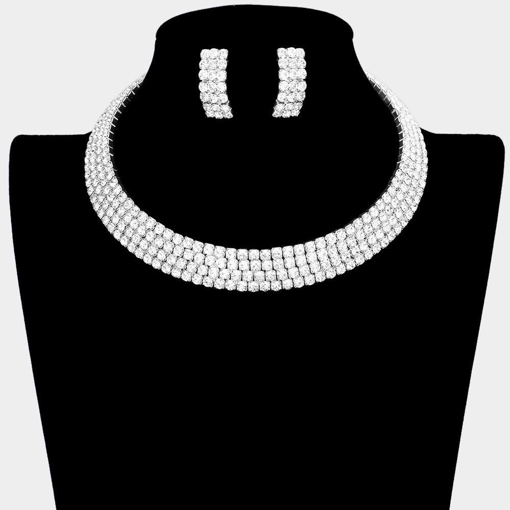 Silver 4 Row crystal Rhinestone Banded Open Choker Necklace