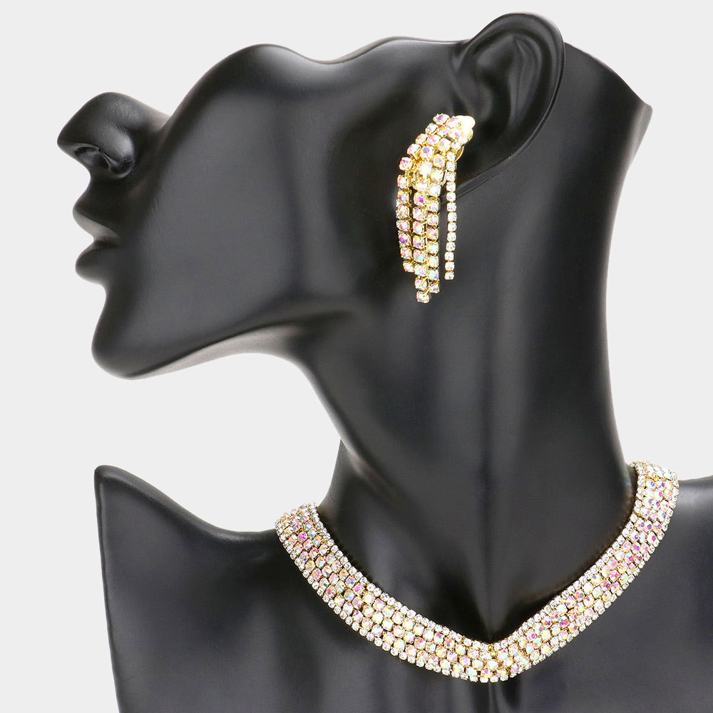 Gold Bubble Crystal Choker Necklace & Clip Earring Set