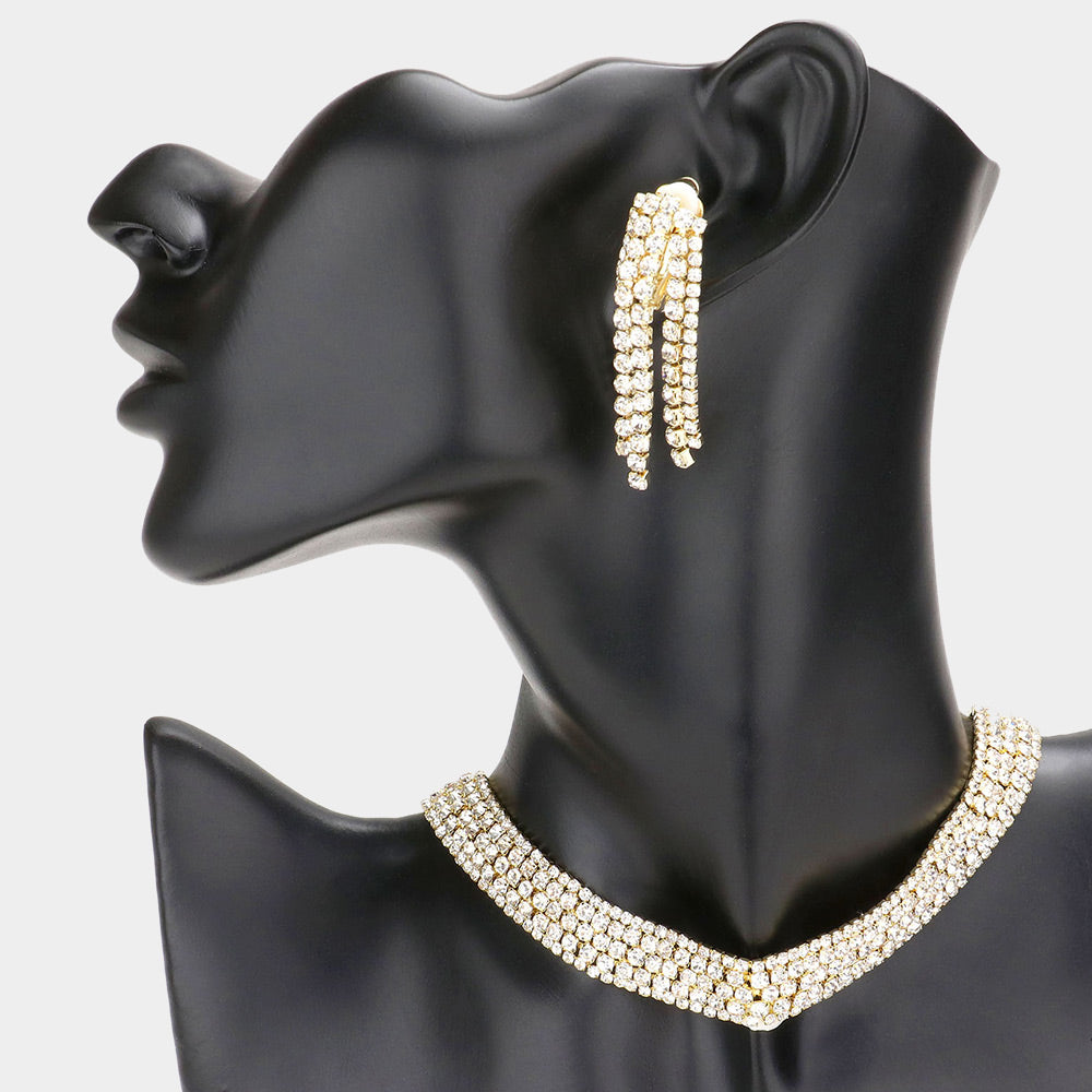 Gold Bubble Crystal Choker Necklace & Clip Earring Set