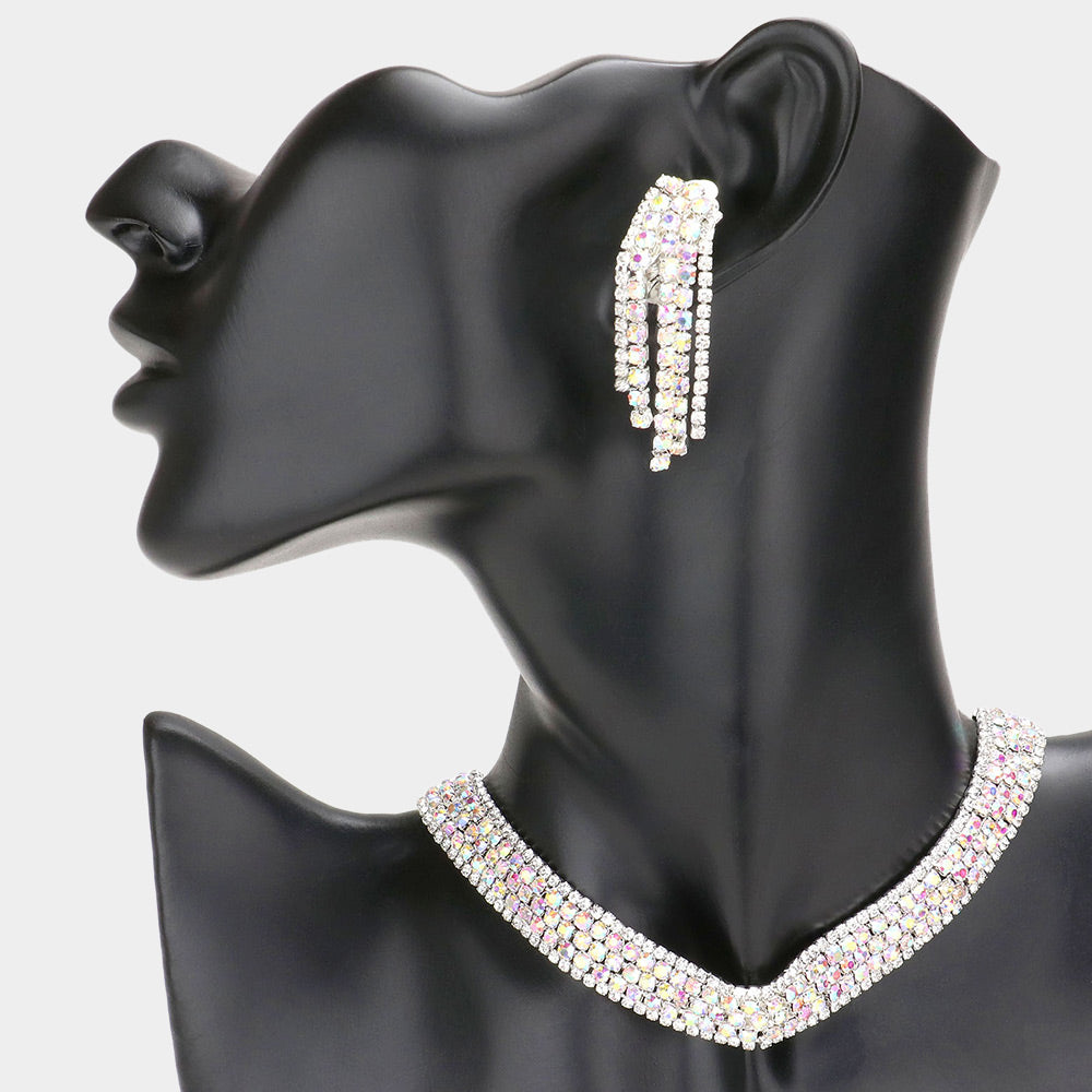 Silver Bubble Crystal Choker Necklace & Clip Earring Set