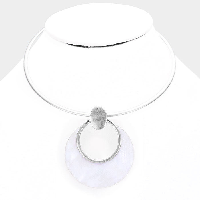 Silver Hollow Round Mother of Pearl Metal Choker Necklace