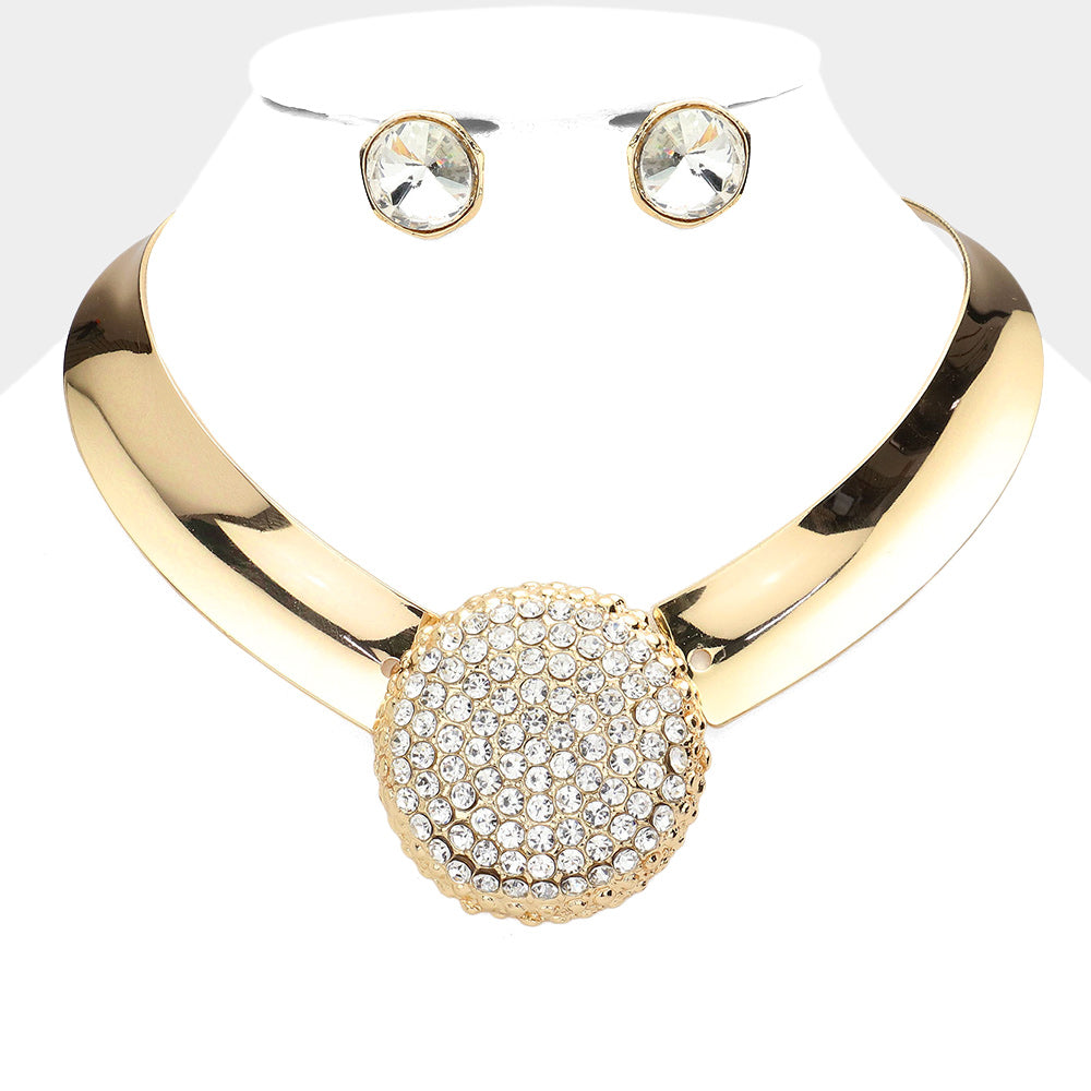 Gold Round Pendant Accented Metal Evening Choker Necklace Rhinestone Paved