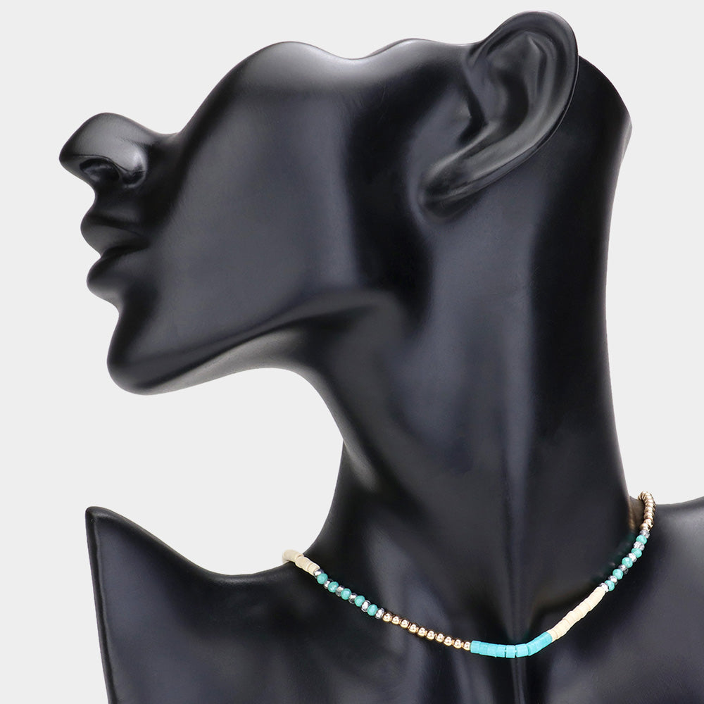 Turquoise Faceted Wood Heishi Beaded Choker Necklace