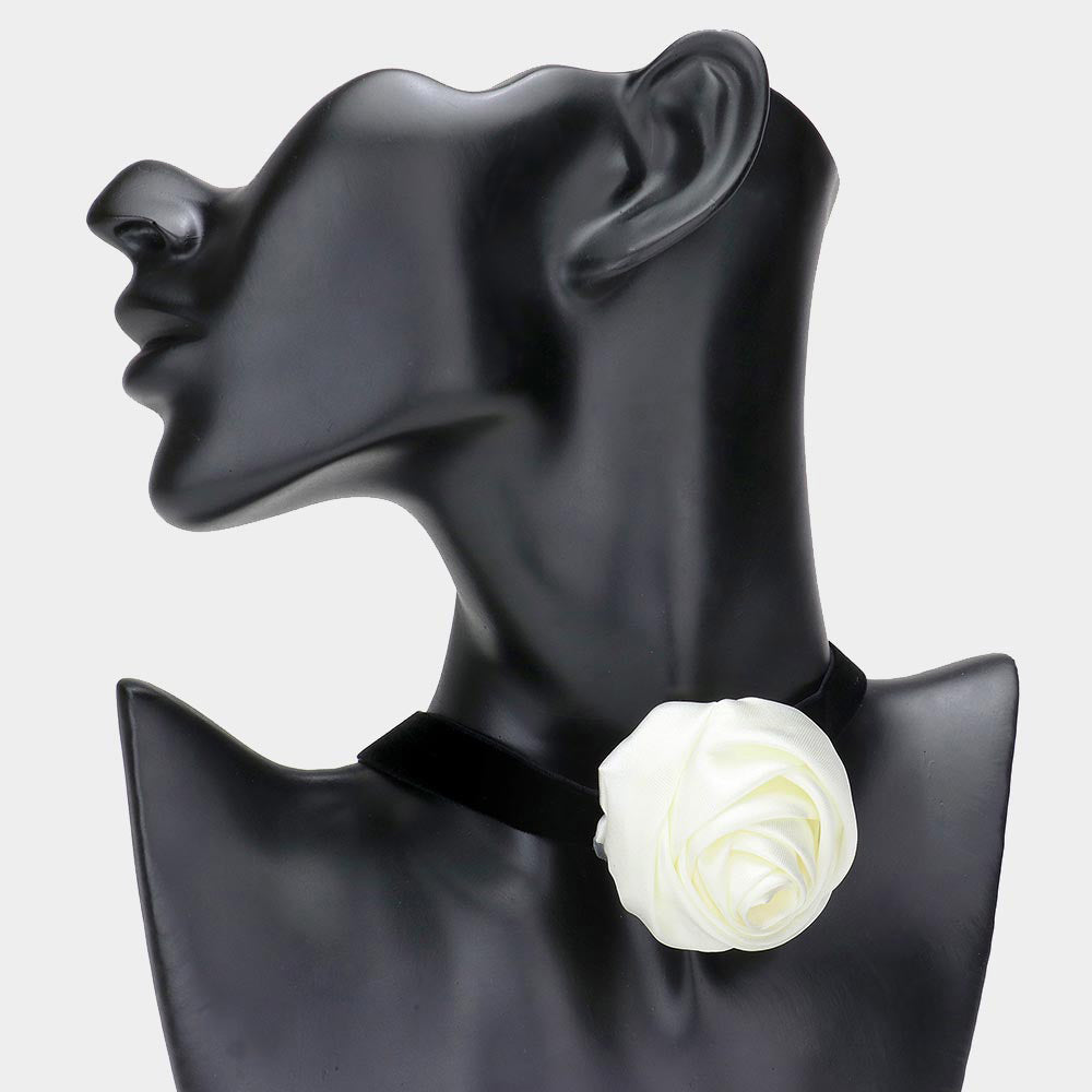 White Fabric Flower Choker Necklace