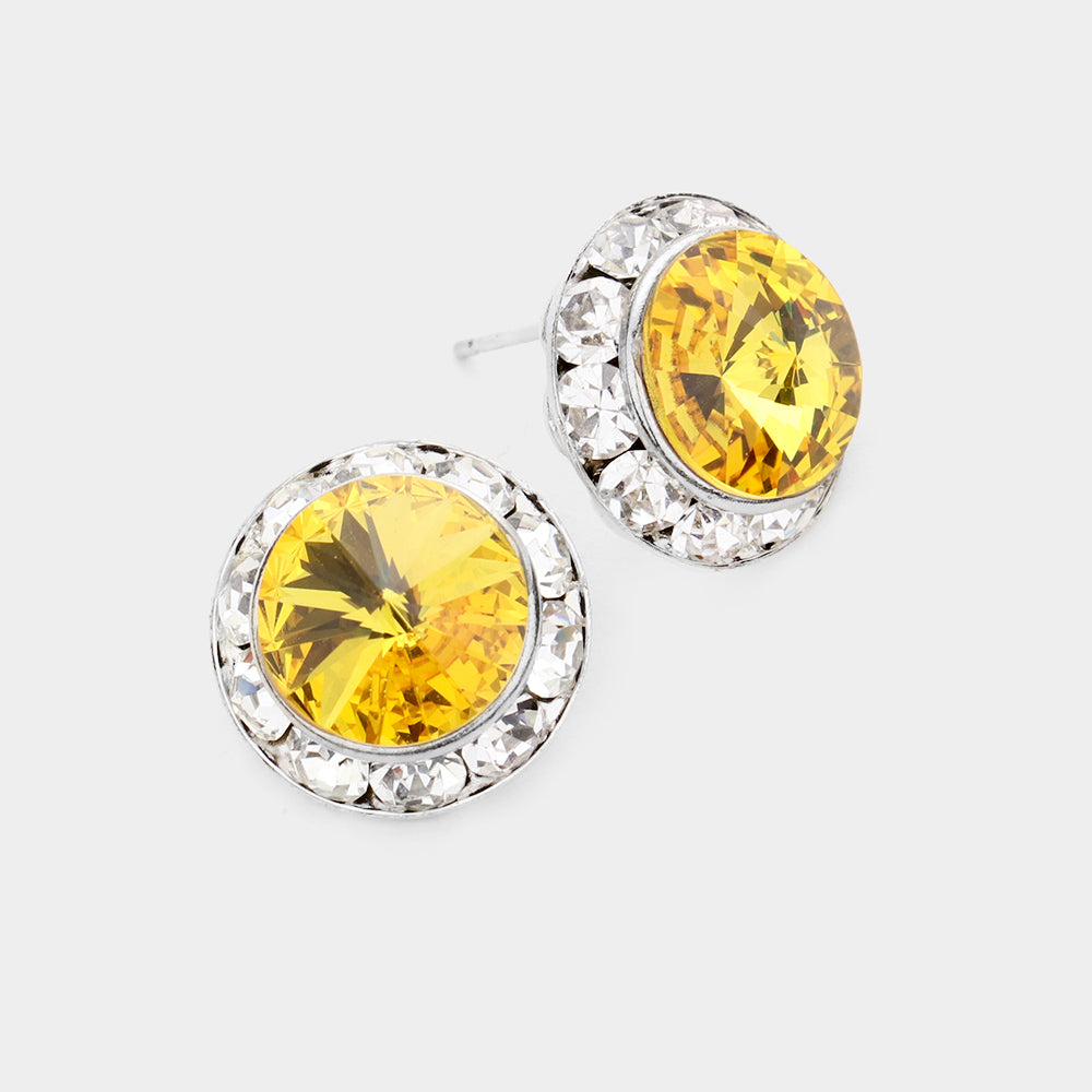 Yellow Rivoli Cut Genuine Crystal Round Stud Earrings