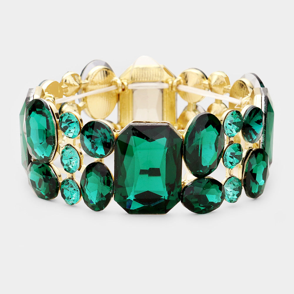 Green Emerald Cut Crystal Accented Stretch Evening Bracelet