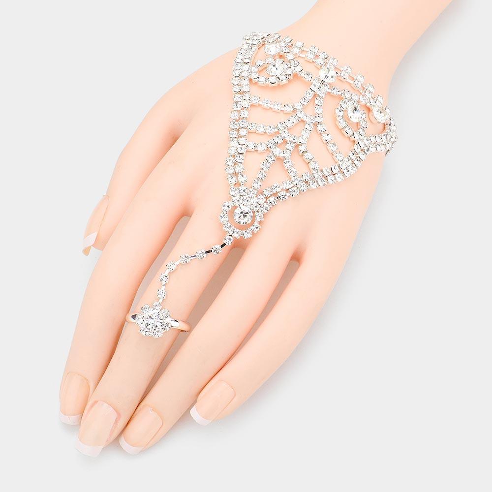 Silver Crystal Rhinestone Accented Hand Chain Evening Bracelet