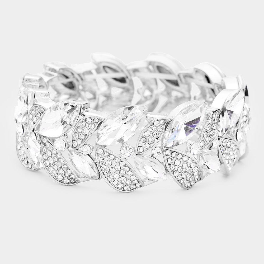 Silver Rhinestone Pave Marquise Stone Leaf Stretch Evening Bracelet