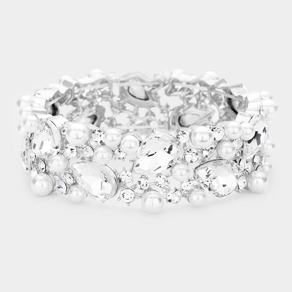 White Glass Crystal Teardrop Pearl Stretch Bracelet