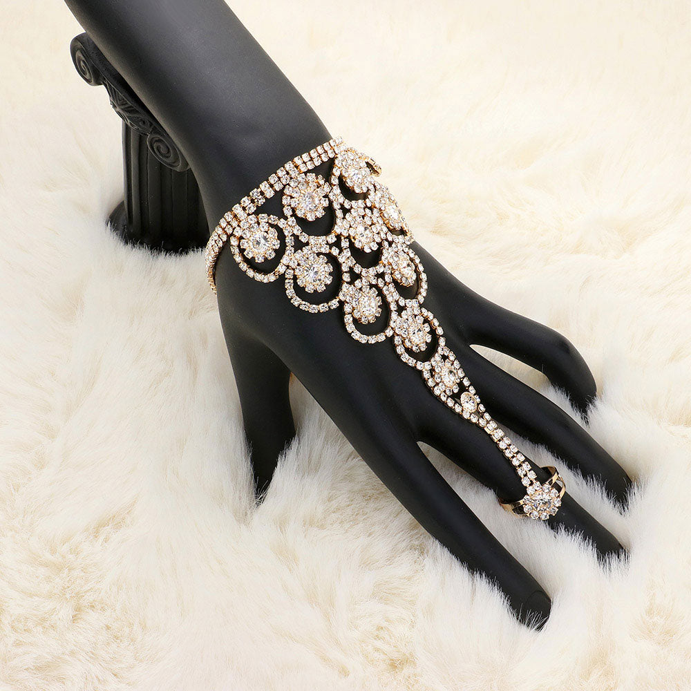 Clear Crystal Round Rhinestone Pave Hand Chain Evening Bracelet