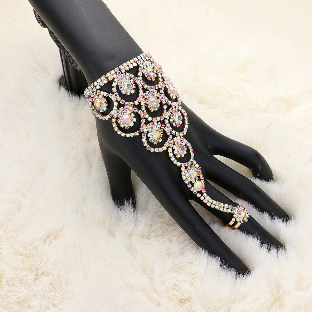 Gold Crystal Round Rhinestone Pave Hand Chain Evening Bracelet