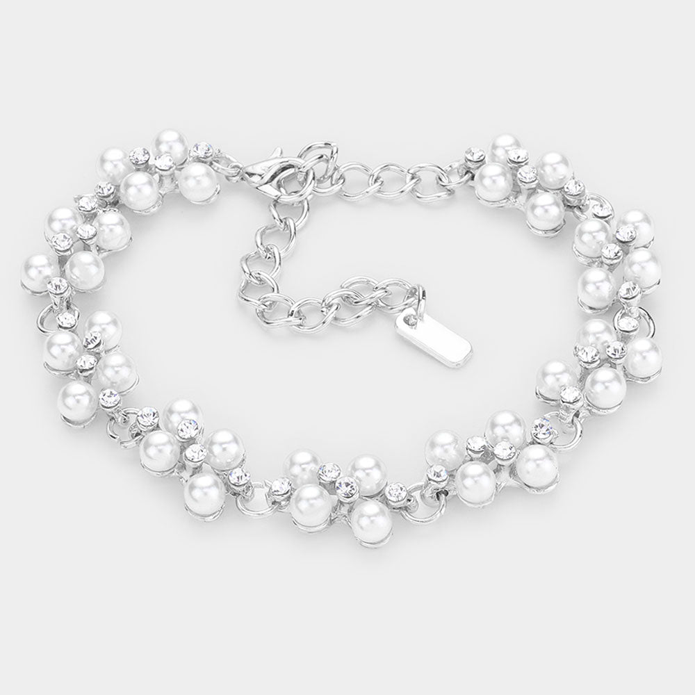 White Pearl Rhinestone Evening Bracelet