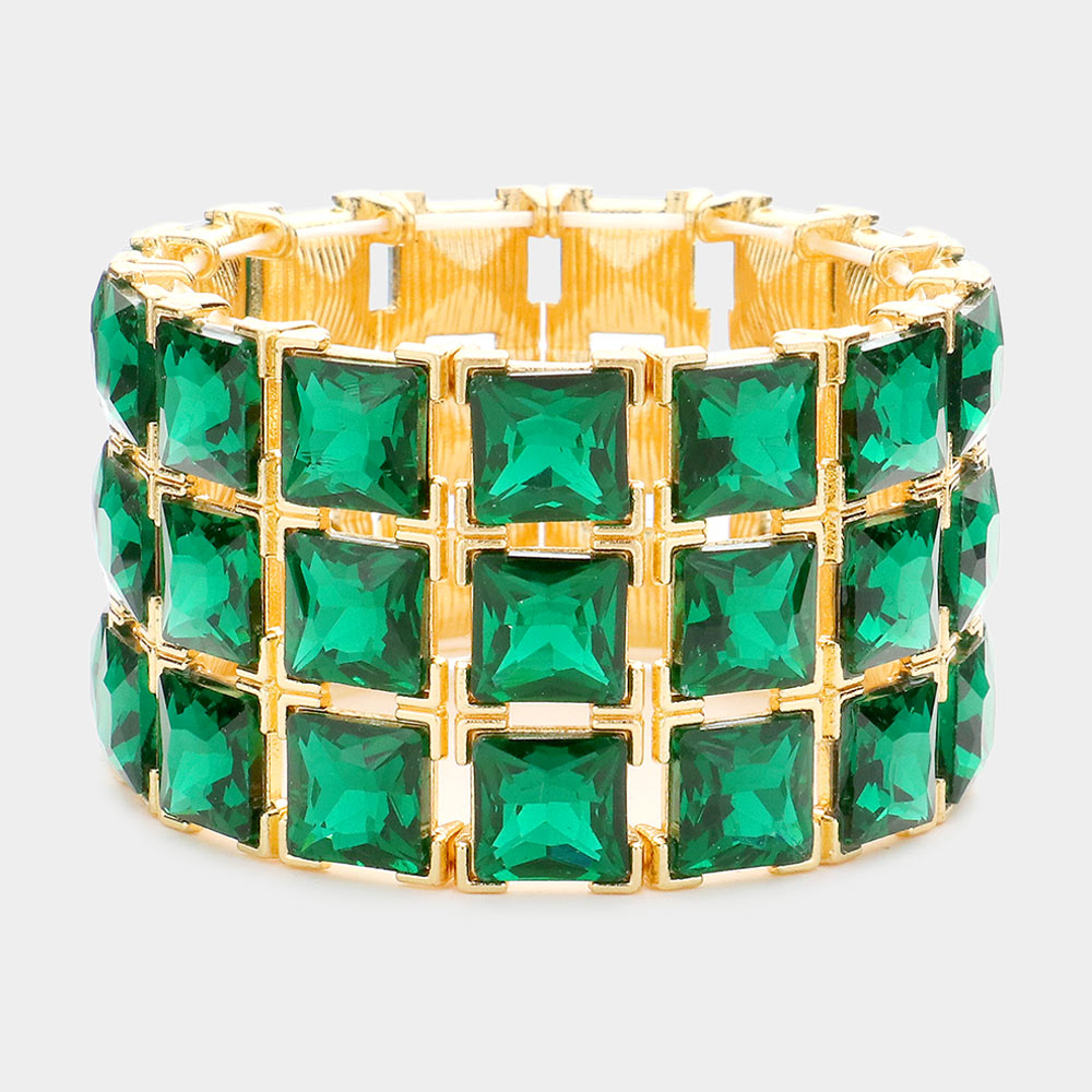Emerald 3Rows Square Stone Stretch Evening Bracelet