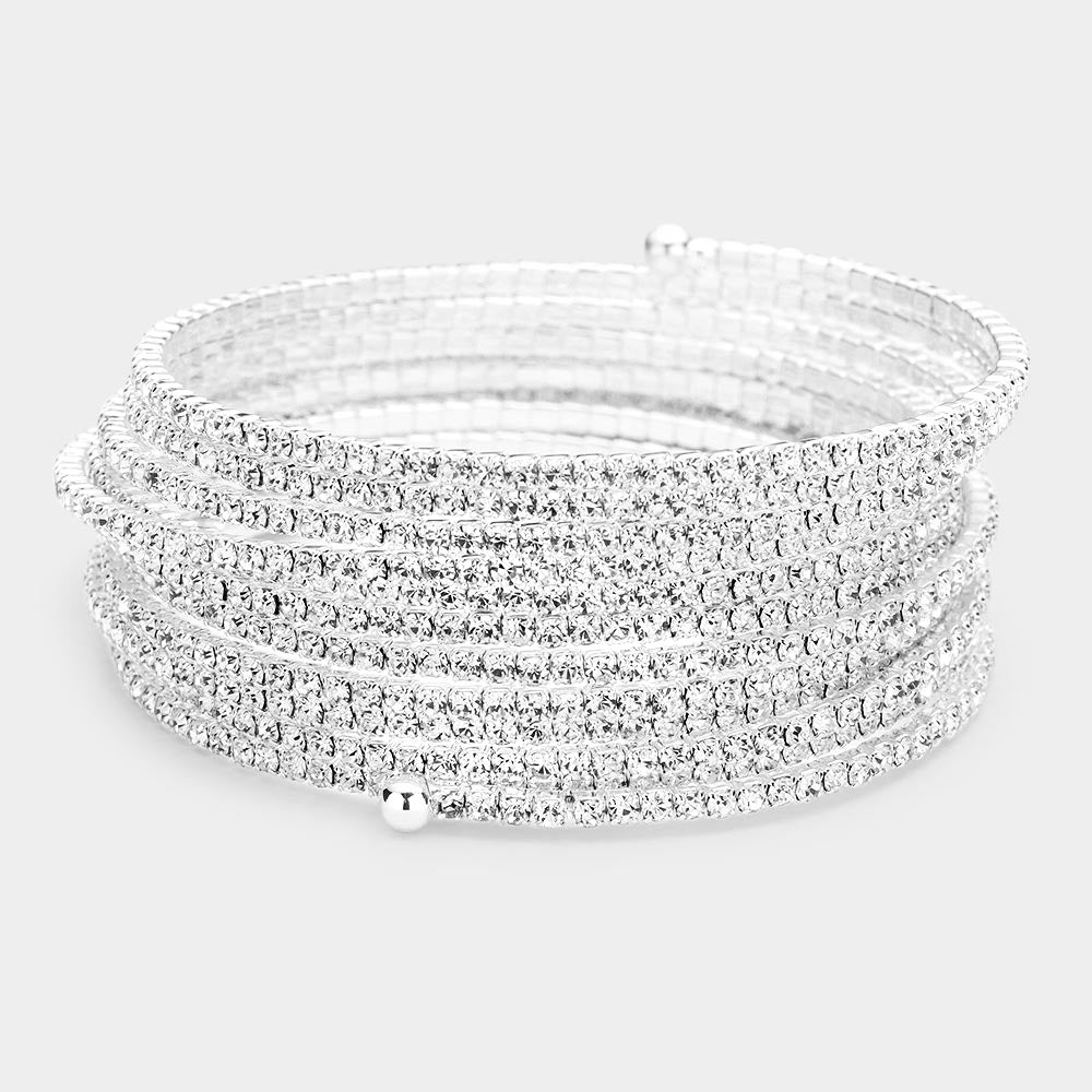 Silver 12Rows Rhinestone Coil Evening Bracelet