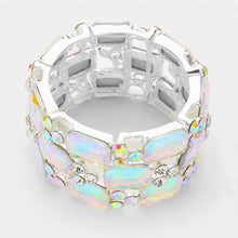 Load image into Gallery viewer, Silver Emerald cut crystal rhinestone stretch bracelet
