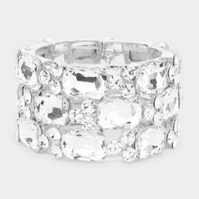 Load image into Gallery viewer, Silver Emerald cut crystal rhinestone stretch bracelet
