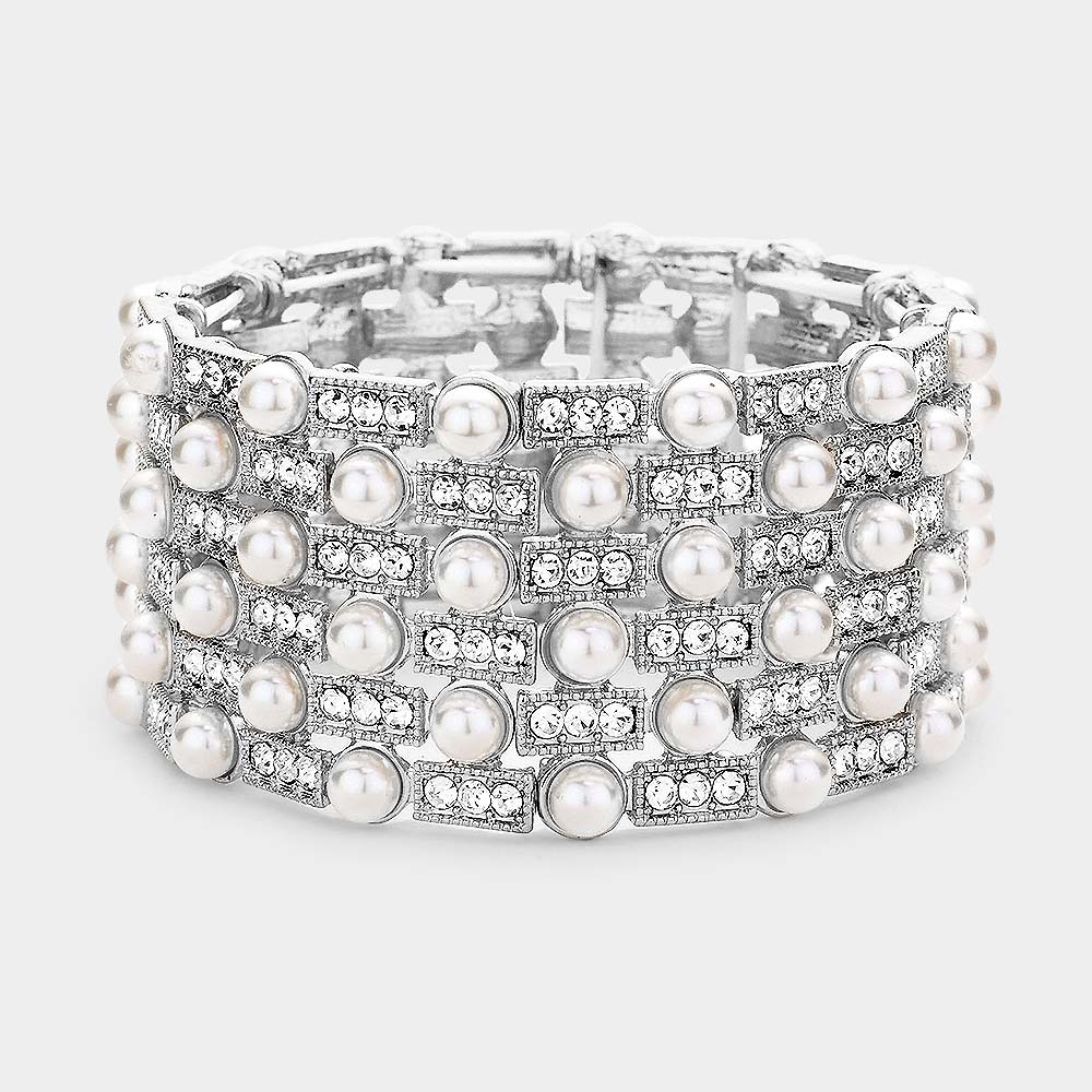 White Pearl Embellished Crystal Stretch Evening Bracelet